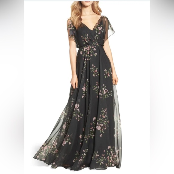 Jenny Yoo Cassie
Flutter Sleeve
Surplice Gown
Black with Floral Pattern. - Picture 3 of 17